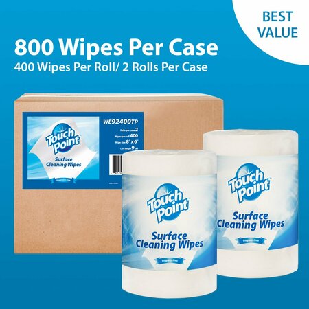 Touch Point Wipes TP Facility Cleaning Wipes- Alcohol-Free All-Purpose, 2 Rolls x 400 Wipes, 8in.x6in., 2PK WE92400TP-CS